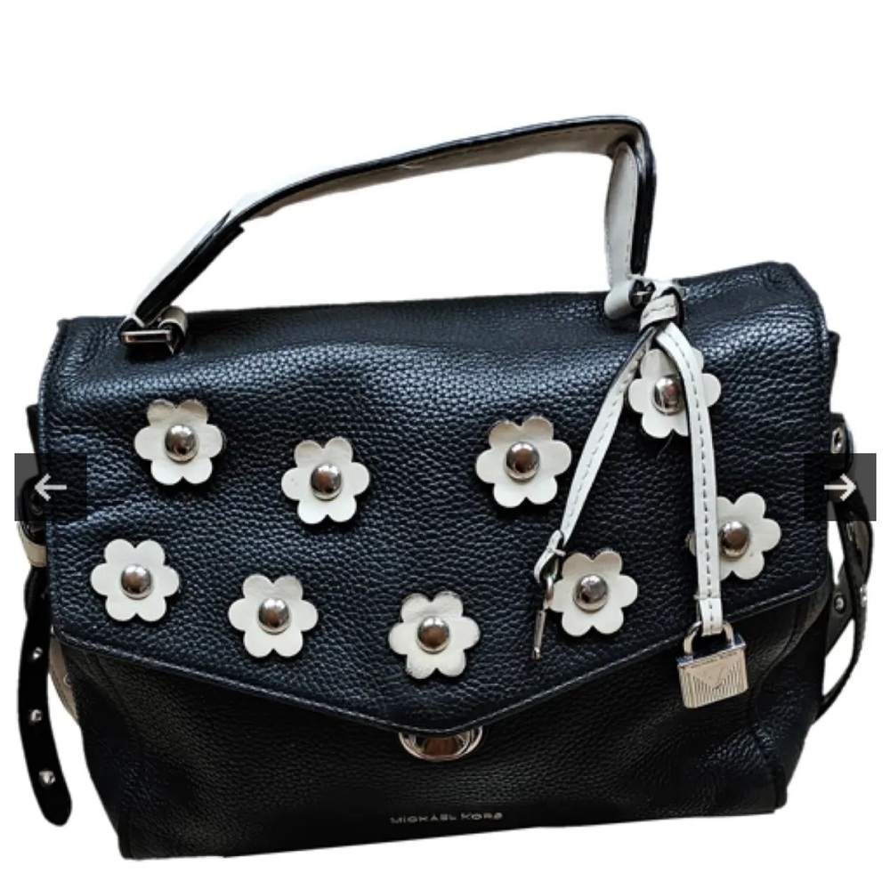 Michael Kors Black Leather Satchel with White Floral Studs